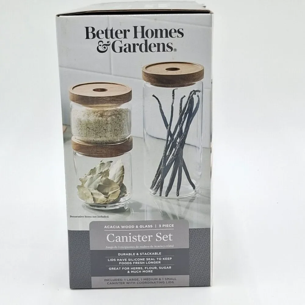 Better Homes & Gardens 3 Glass Canister Set Acacia Wood Lids With Silicon Seals